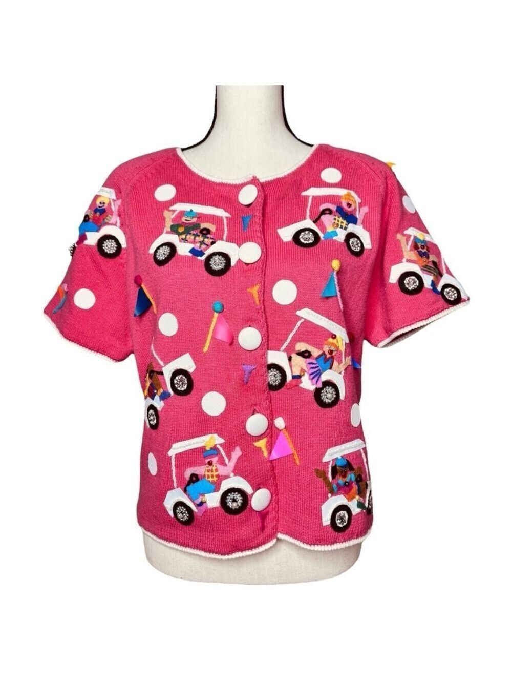 Michael Simon Pink Golf Novelty Appliqué Knit Sweater